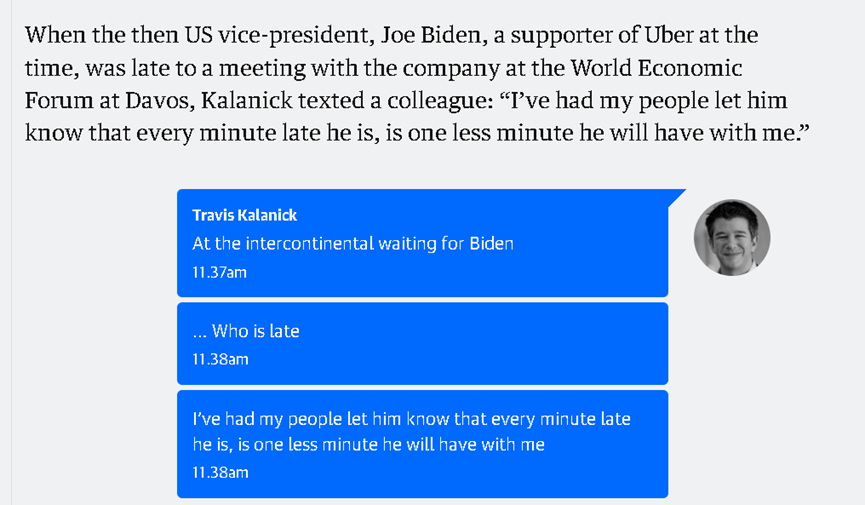 卡兰尼克给同事发信息称，他将让拜登认识到“他每多迟到一分钟，与我在一起的时间就会少一分钟” ...