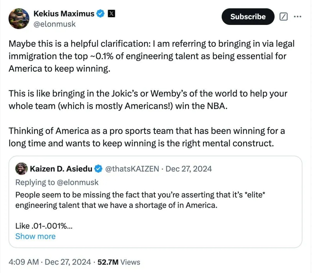 马斯克与多名美国科技界亿万富翁公开呼吁增加高科技移民数量